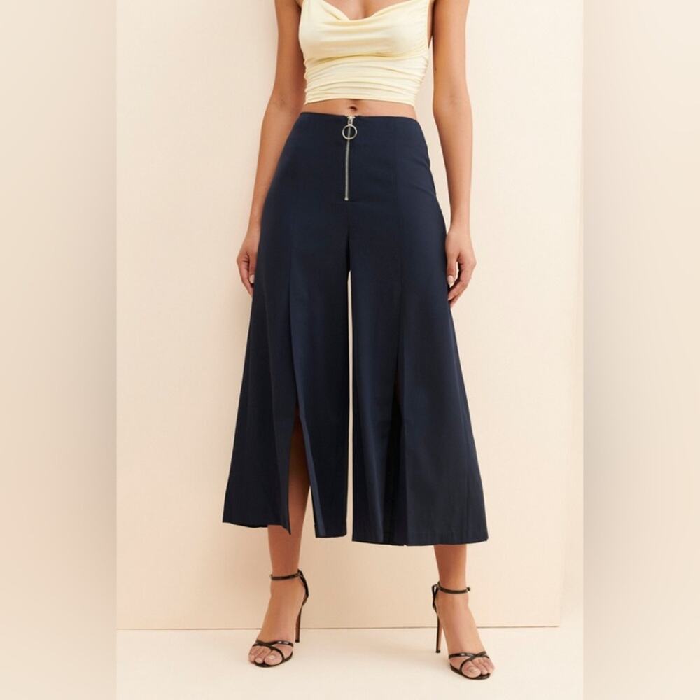 Grey Lab Wide leg Slit‎ Pants cropped skort navy zipper high rise
